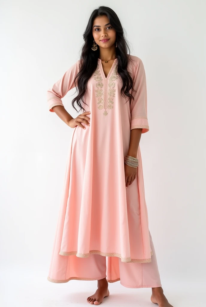  image shows a young woman wearing a pink kurta with intricate embroidery on the neckline and sleeves. The dress is made of a lightweight fabric and has a flared skirt that falls below her knees. The woman has long dark hair and is wearing a pair of gold earrings and a bracelet on her left wrist. She is posing with one hand on her hip and the other resting on her thigh. The background is plain white. She has a confident expression on her face and is looking directly at the camera.