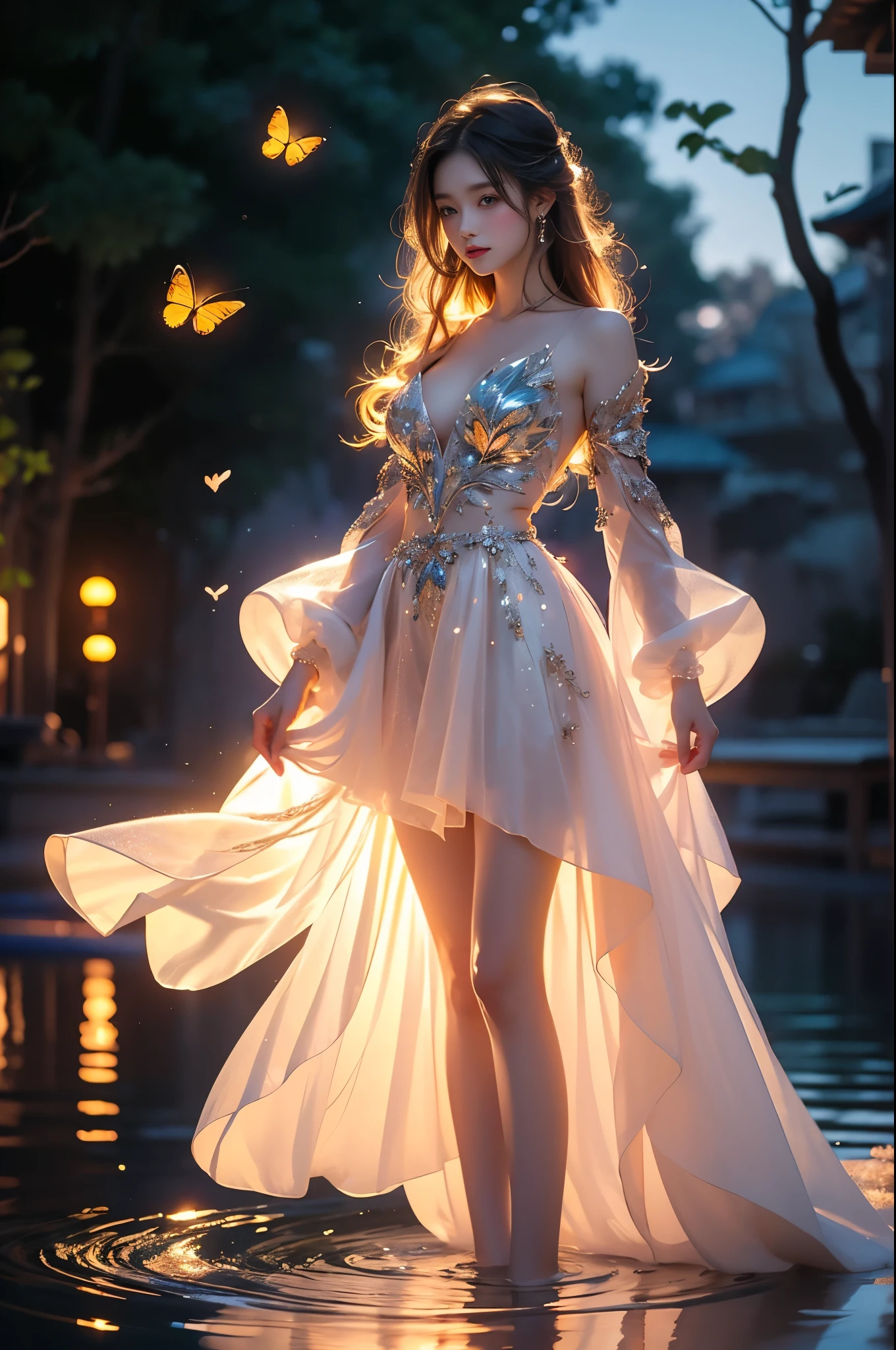 Beautiful dance, She gently lifted her skirt with one hand, Long legs , In the swimming pool, ((Flowing long hair))Official Art , Unity8k Wallpaper , Extremely detailed , Visible cleavage, Pretty and beautiful , 性感Long legs, masterpiece , best quality ,Practical, Very detailed illustrations ,Extremely detailed , Intricate details , Extremely complex and detailed , Very detailed 8KCG wallpaper , Caustics .reflection , Ray Tracing , Devil theme ,nebula ,Dark aura, Network Effects , (1 girl)solitary , 小蓝Butterfly , There are dozens of monarch butterflies around , (Blue plasma flame , (insect , Butterfly)) Pastel tones in Rococo style ,Light white and light dark red , Incredibly beautiful , Cherry blossoms , Surrealism ,painting , Ethereal , Mixing reality and fantasy elements ,Ray Tracing , Complex Mode , Exquisite lines , Perfect your hands, Starry Sky , rich and colorful , Star