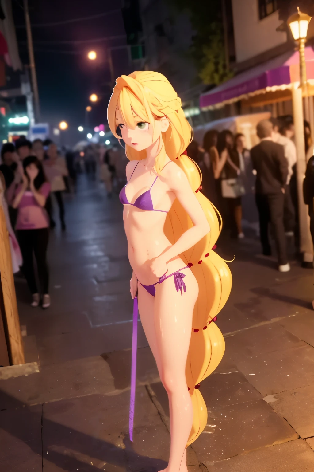 ((Small breasts, tomboy girls, , small head)), nighttime, moonlight, (chiseled abs : 1.1), (perfect body : 1.1), (very long wavy hair : 1.2) , blonde hair, green eyes, collar, full body shot, crowded street, ((purple micro bikini)), (extremely detailed CG 8k wallpaper), (an extremely delicate and beautiful), (masterpiece), (best quality:1.0), (ultra highres:1.0),  beautiful lighting ,perfect lightning, realistic shadows, [highres], detailed skin, ultra-detailed, wet skin, wet clothes,  wet hair, nude, 