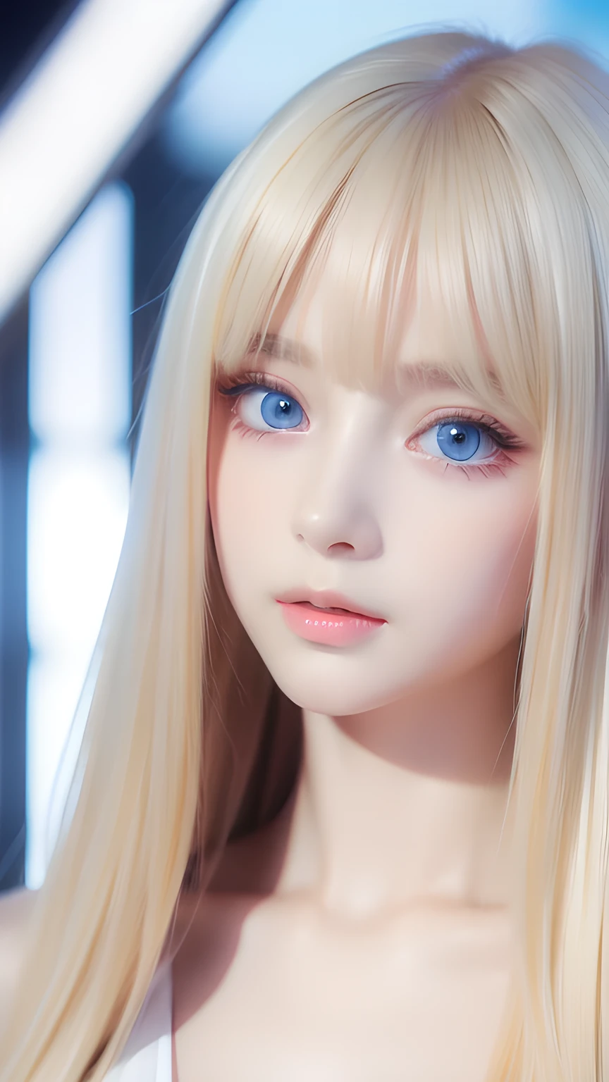 high quality、最high quality、Photorealistic、Raw photo、Real、超Real8K CG、Super detailed、High resolution、masterpiece、1 Girl、Long Hair、Blonde Hair、blue eyes、Detailed face and eyes、Close-up、Intricate details、Detailed Texture、details、details、A perfectly beautiful face、Messy silky beautiful blonde hair、1 beautiful cute、Very beautiful beautiful bright pale sky blue big eyes、Very super long beautiful blonde silky shiny hair、Long beautiful bangs、Very big eyes、Small Face Beauty、eyeliner、very white shiny skin、Gloss Face、Cheek gloss、Hair above the eyes、片Hair above the eyes、Hair between the eyes、