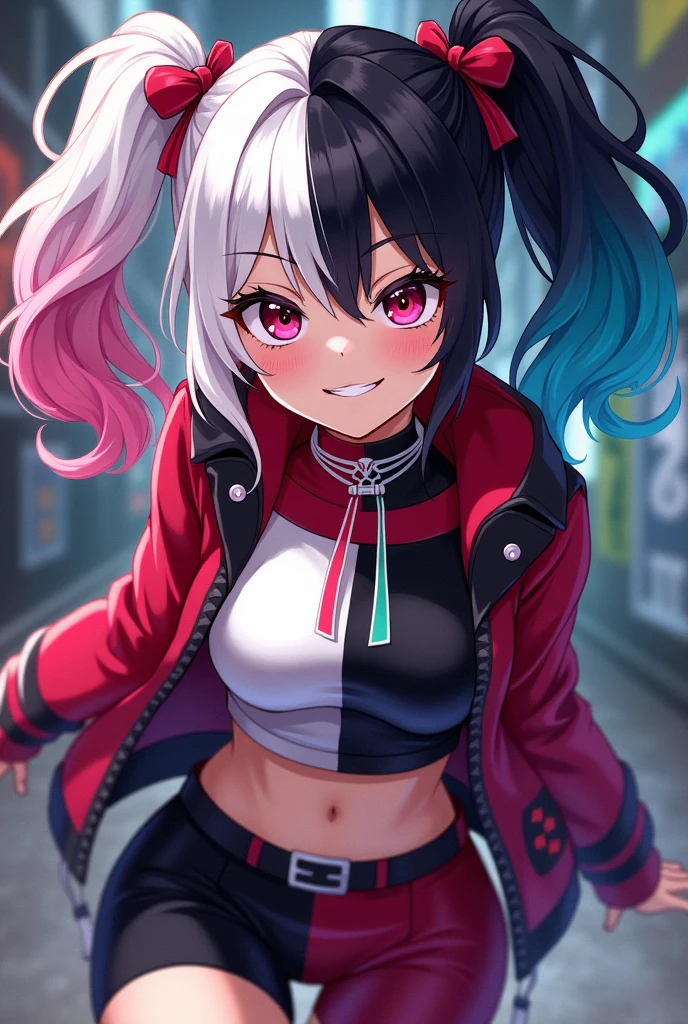 I want you to create an anime style image of a girl with pigtails, one side of her hair black and the other white, with clothes and a mask like Himiko Toga's.,and looking like Harley Quinn