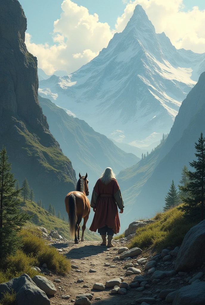 Descent Begins**: The sage and घोड़ा
beginning their descent from the mountains, the path now leading them back toward the forest, with a sense of completion in the air.