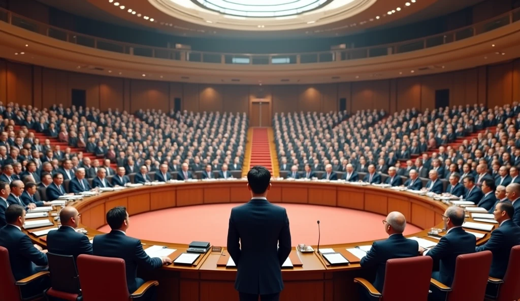 A young Asian man in a suit is speaking to politicians from various countries sitting in a huge circular lecture hall.，Politicians from all over the world are looking at men，No flags appear