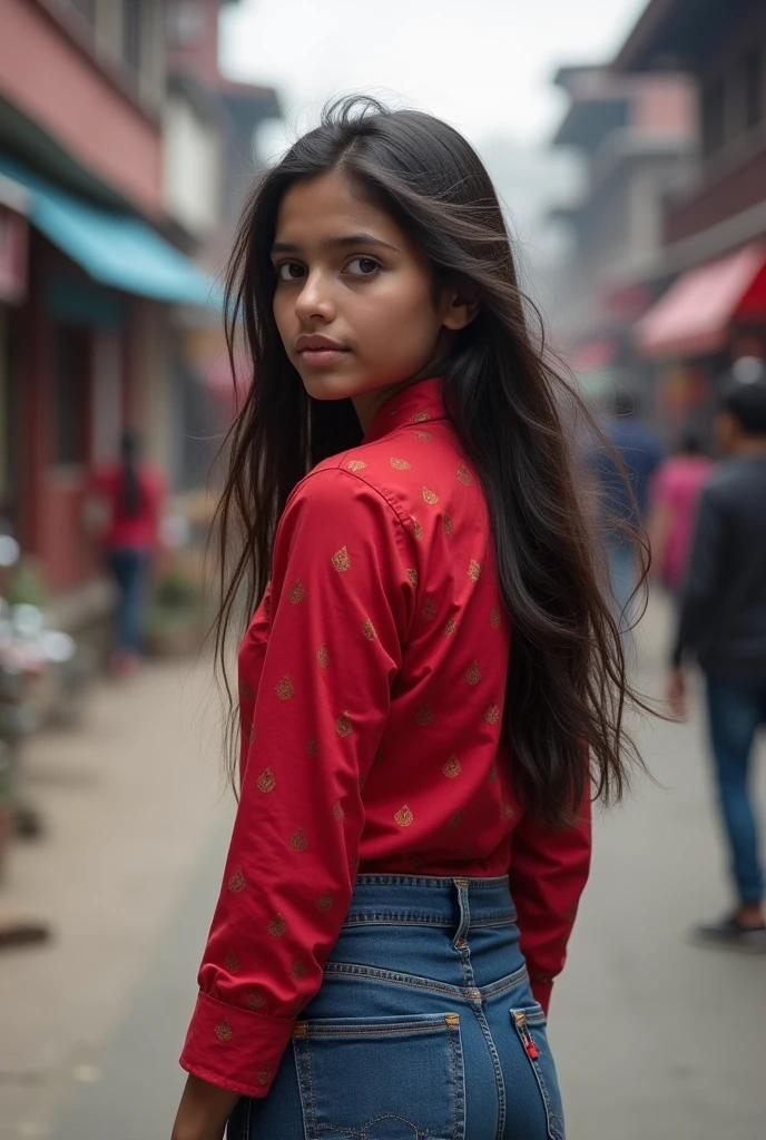 Back side of 20 years nepali girl putting red kurtha with blue jeans in kathmandu city real person photo height 5.5 weight 40 with realistic free hair previous photo