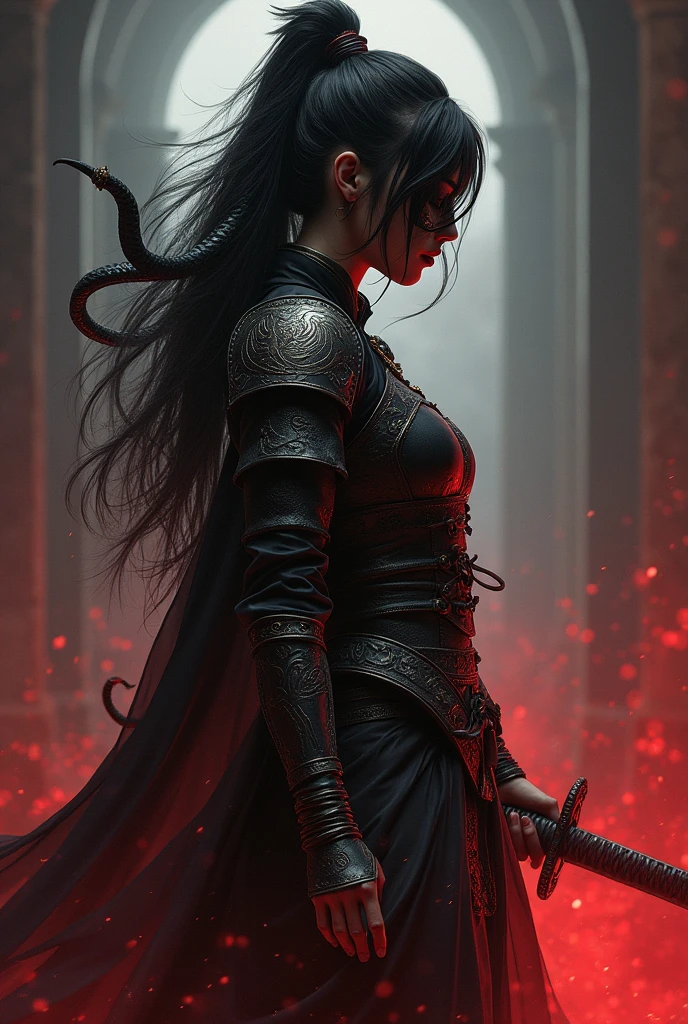 Elden ring, dark fantasy, asian warrior, single katana, light armor, woman, black hair, serpent theme outfit, blasphemy, hidden face, mask, dark red colors