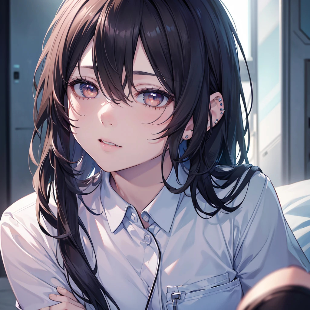 White or pale blue scrub clothing, a nurse aide with long dark hair, piercing gaze, and a stern expression, full body view, high resolution, detailed, anime-style illustration, beautiful black hair, almond-shaped eyes, brown eyes, looking down with an intense, psychotic demeanor, large breasts, no piercings, (best quality,4k,8k,highres,masterpiece:1.2),ultra-detailed,(realistic,photorealistic,photo-realistic:1.37), Background White, cute fang,