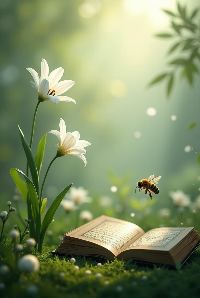 Islamic Facebook page cover photo of white flower and bee. Al koran in background. Landscape mode.