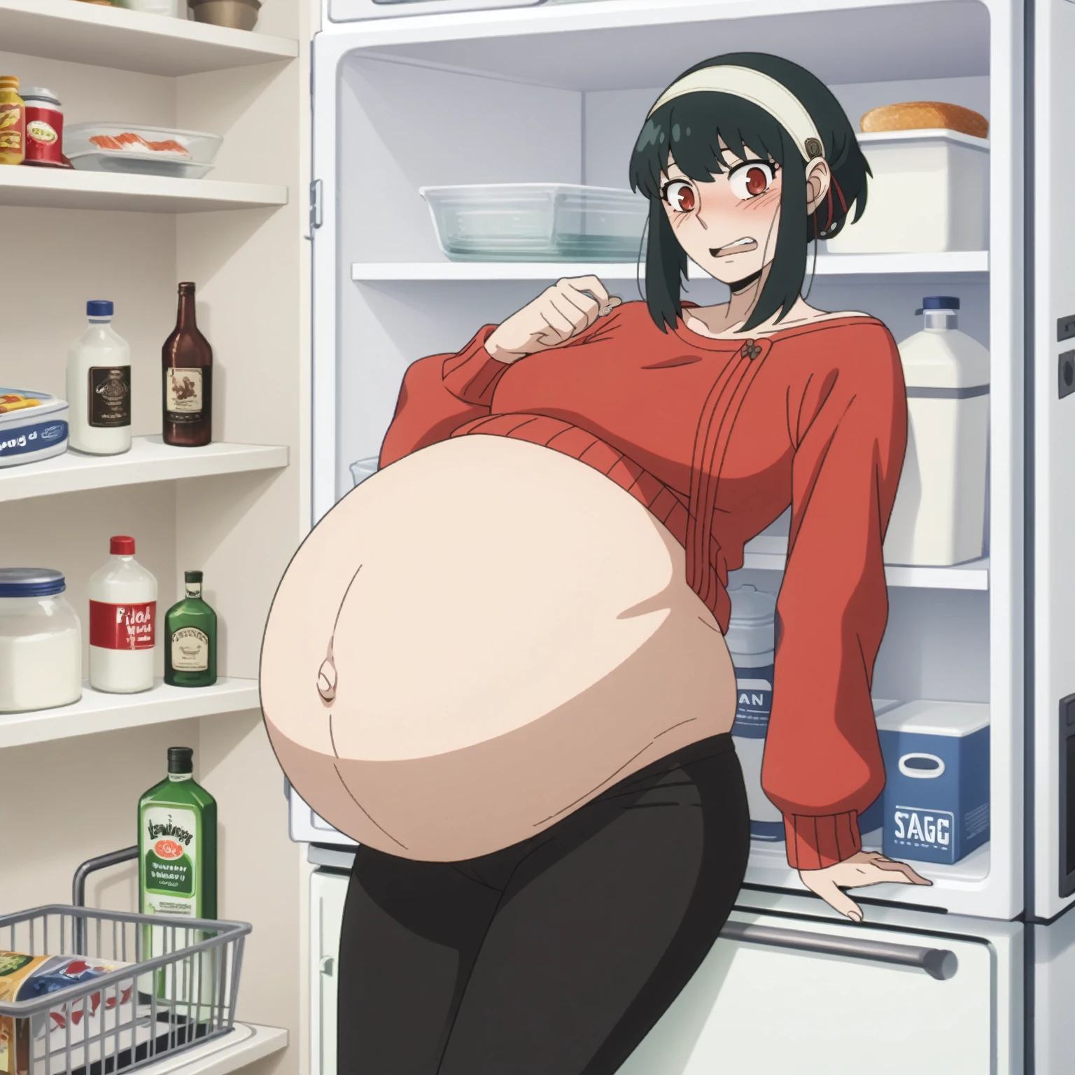 I look at the viewer, One, yorforger,1 girl, ((medium breast)), ((belly stuffed)), ((huge belly)), ((Very drunk)), ((staggers)), black hair, Red eyes, short hair with long strands, white hair band, from the shoulder, red sweater, black tights, ((drank too much)), ((exhausted)), ((excited)), ((in front of the refrigerator)), ((Outdoor refrigerator)), ((lean on the fridge)),