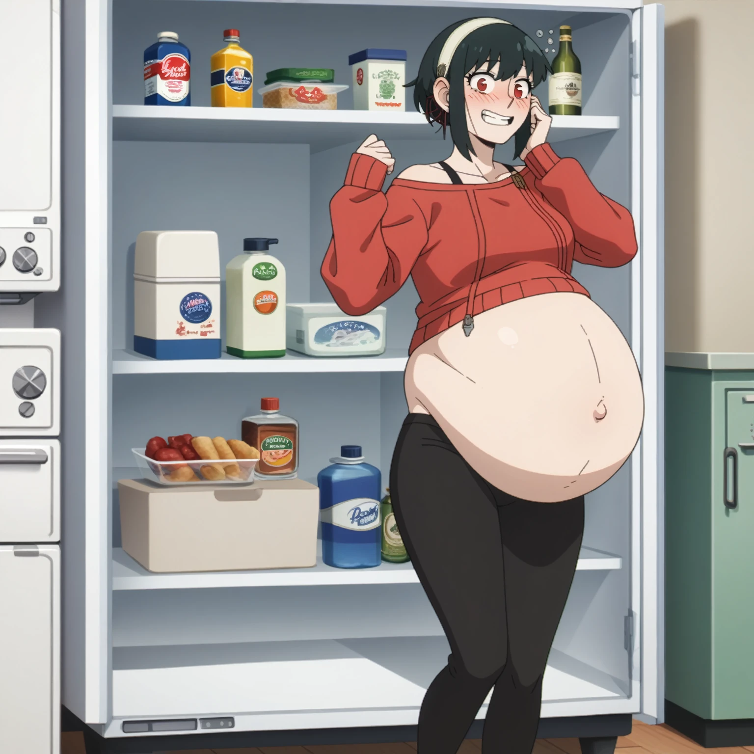 I look at the viewer, One, yorforger,1 girl, ((medium )), ((belly stuffed)), ((huge belly)), ((Very drunk)), ((staggers)), black hair, Red eyes, short hair with long strands, white hair band, from the shoulder, red sweater, black tights, ((drank too much)), ((exhausted)), ((excited)), ((in front of the refrigerator)), ((Outdoor refrigerator)), ((lean on the fridge)),