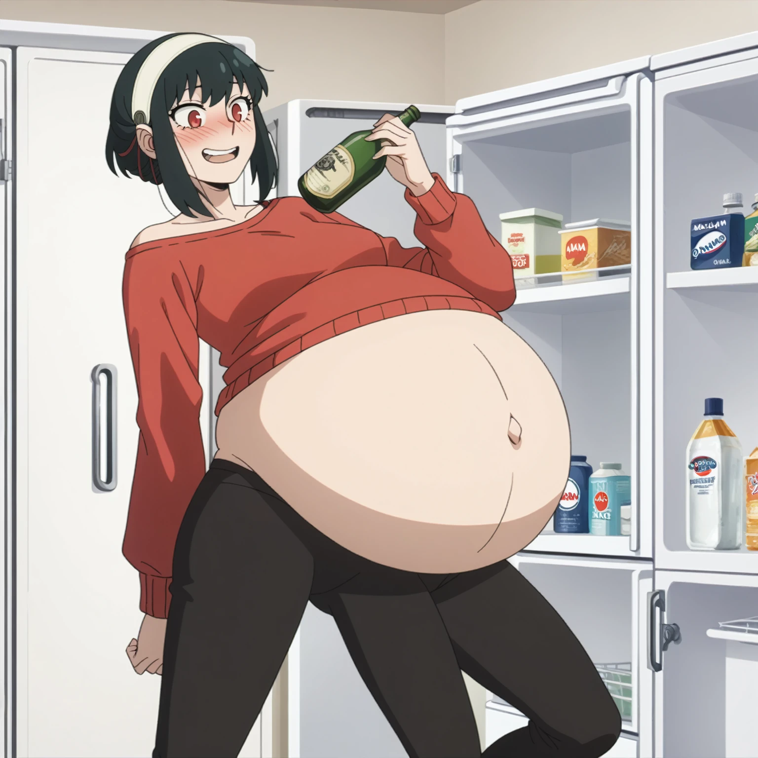 I look at the viewer, One, yorforger,1 girl, ((medium breast)), ((belly stuffed)), ((huge belly)), ((Very drunk)), ((staggers)), black hair, Red eyes, short hair with long strands, white hair band, from the shoulder, red sweater, black tights, ((drank too much)), ((exhausted)), ((excited)), ((in front of the refrigerator)), ((Outdoor refrigerator)), ((lean on the fridge)),