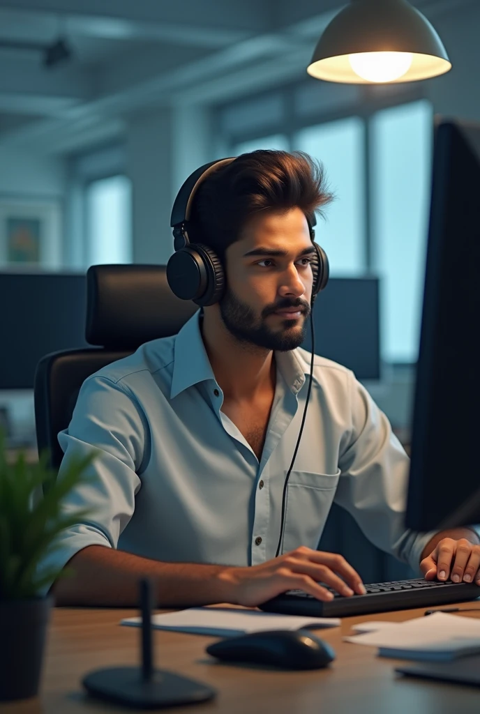 Create a image of Indian software employee working and listening to music