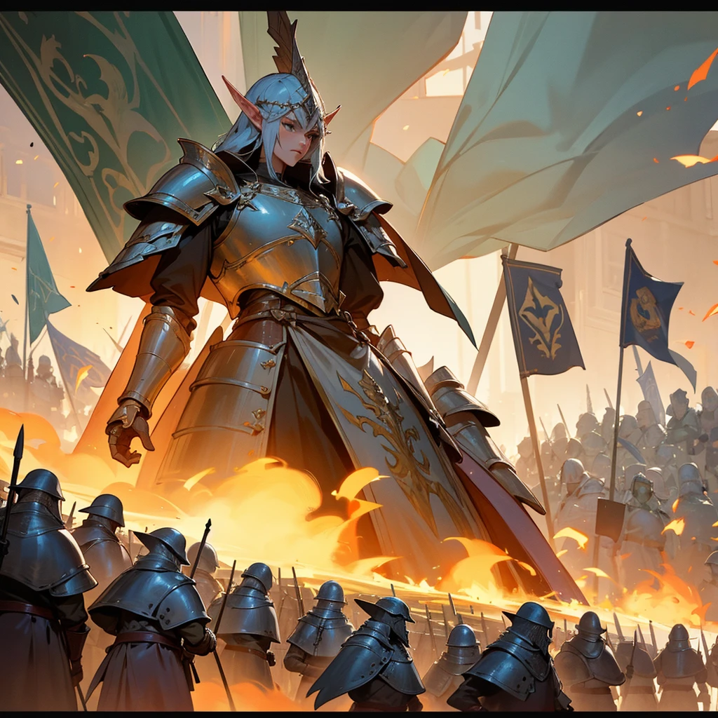 The heavily armored Elven army marches in tight formation with raised banners across the burning fields., each soldier is drawn in detail