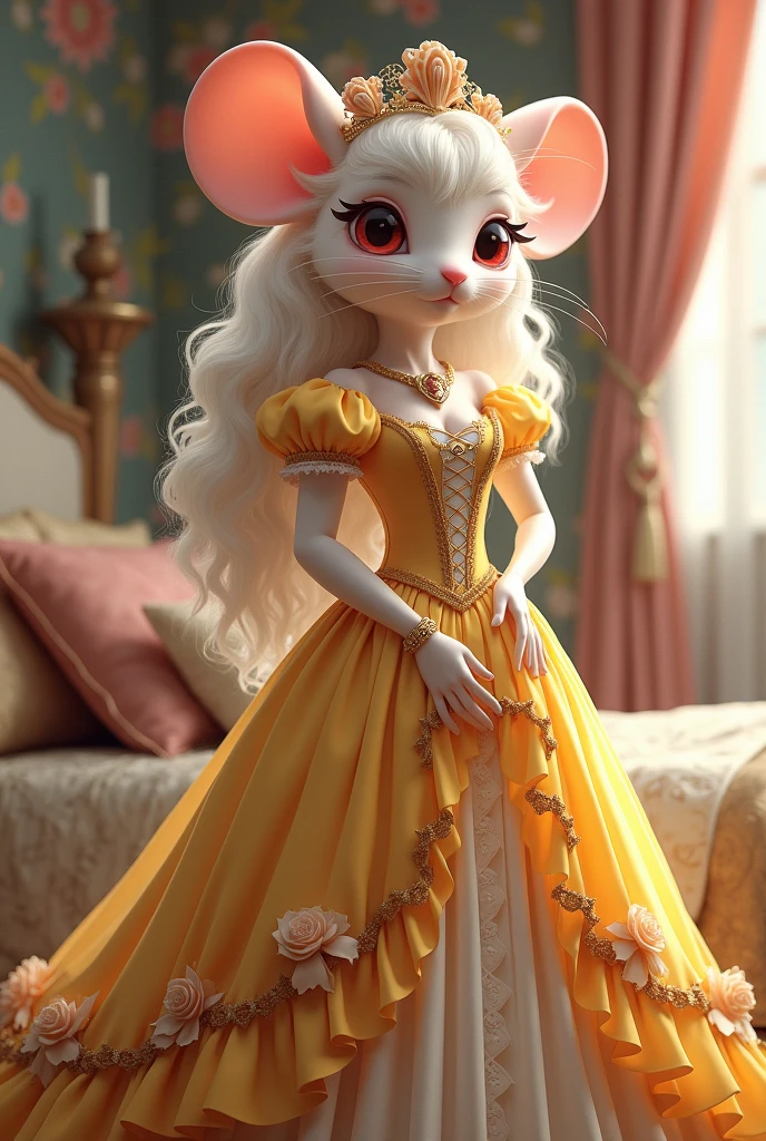 (best quality,4k,8k,highres,masterpiece:1.2), ultra-detailed, Pretty anthropomorphic mouse girl has a princess, drawn in 2D anime style, steampunk, wearing a yellow princess gown with puffy sleeves, steampunk, gorgeous frilly dress design,flowing gown,elaborate lace details,rich textures,contrast stitching,delicate ribbon bows, fish scales pattern accents, flowers embroidery, full skirt,short sleeves,fitted waistline,flared cuffs,lace-up back,luxurious fabrics,flawless silhouette, long curly white hair and red eyes, white fur, smiling, mouse ears and tail, ribboned high heels, white elbow evening gloves, gold bracelets, tiara made of seashells, beautifully detailed lips with lipstick, long eyelashes, eyeshadow, seashell necklace, in a castle bedroom with intricate decoration and luxurious furniture, flower wallpaper, she is happily checking her new princess dress.