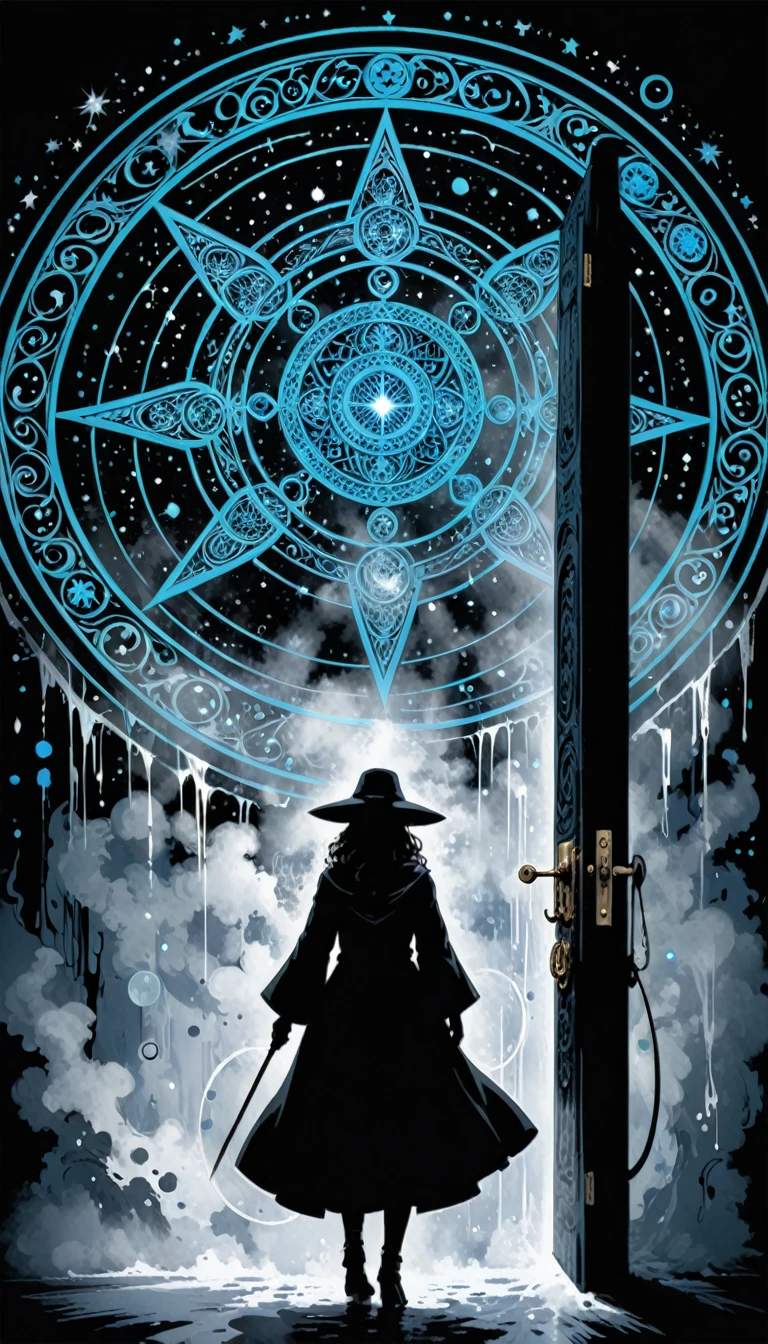 (artist by Mark Schultz:1.1),(artist by A. R. Penck:0.8),(artist by Abstract D'Oyley:1.1),artist by Abbas Kiarostami,character design,female mage,Door of Miracles,Magic Circle,Diffraction light fog surrounds,