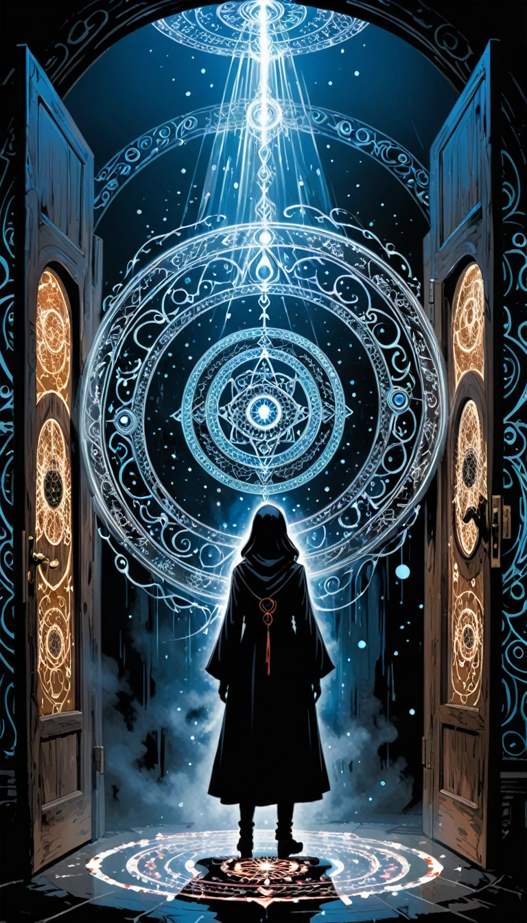 (artist by Mark Schultz:1.1),(artist by A. R. Penck:0.8),(artist by Abstract D'Oyley:1.1),artist by Abbas Kiarostami,character design,female mage,Door of Miracles,Magic Circle,Diffraction light fog surrounds,