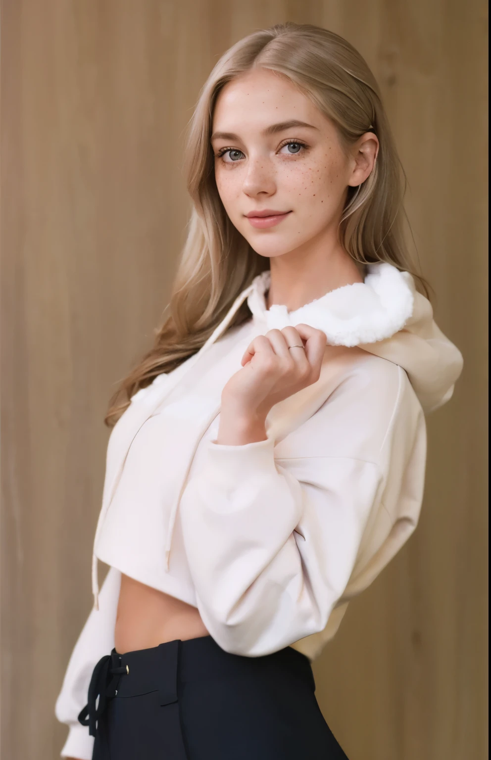 Woman, americana, age 25, pale skin and freckles, gray eyes, delicate nose, soft and delicate lips, far away, cabelo blondie far away e ondulado na altura da cintura, sweet smile, face with delicate feminine facial features, highly rendered