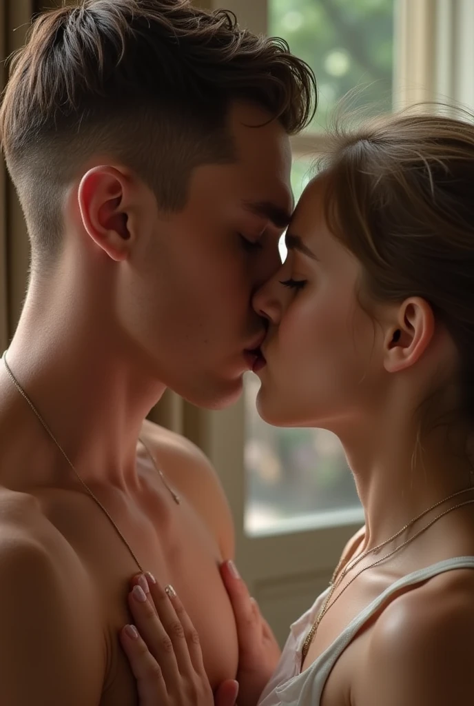 A girl kissing a man roughly on his penis