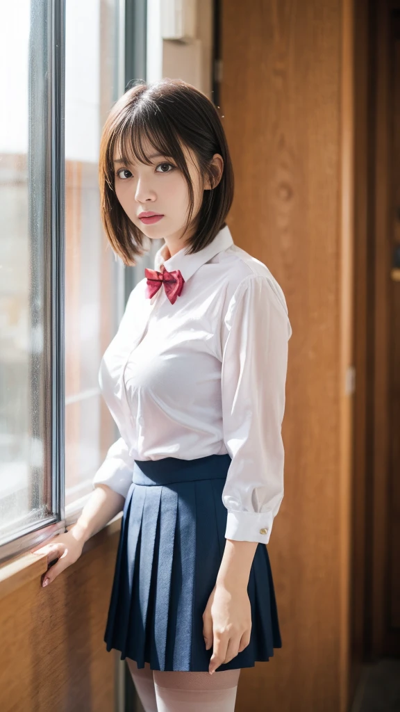 High resolution、high resolution、8k、RAW Photosgraphy、Highest quality、masterpiece、Tabletop、erotic、student、Pink Good,White skin,knees,(Skin-colored pantyhose),Detailed Panty Pattern、Panty Focus、Pink panties、Absurd,Small Face、Big Breasts、前hairを真ん中から分ける、The forehead is visible,(Cold look<eyeを細めて,Glare,strong,Light anger)、masterpiece,Highest quality、超High resolution,RAW Photos,Len,Beautiful poop,One person, solo,Dark look,Small breasts,whole body、very nice、JK Uniform,high school girl,Japanese women,standing,（Photorealistic：1.37）、Photon Mapping,Light blue ribbon,Realistic、Cute Face,茶色のeye、Black socks、1、(Red bow tie)、Radio City、物理ベースLenダリング、prospect、Depth of written boundary、Blurred Background、picture,Us、body,Beautiful feet, Long legs, Thin legs,Long Bob Cut,(前hairが見える), hair, Lips, green_eye, Nose Soft,(Light blue shirt), (Navy Pleated Skirt), kneesが見える,See-through clothing,, thigh, black cotton socks,Nogizaka Idol, , Japanese Ido、キラキラしたeye、Glossy Lips、