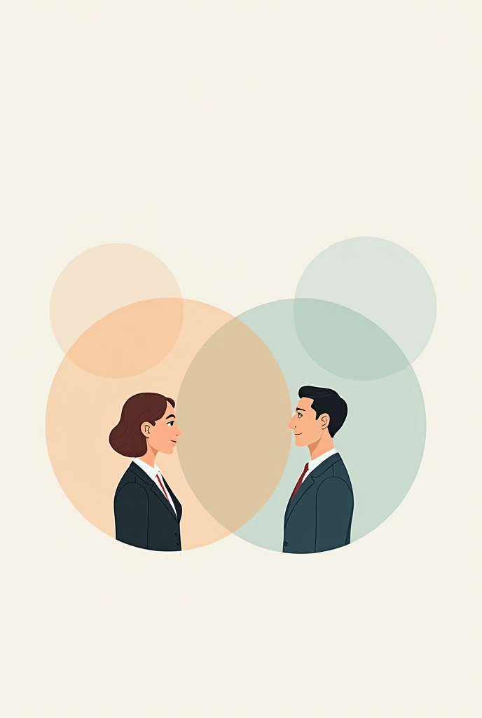 The gender communication style differences in business communication , such as a Venn diagram or a split-screen image. (The image should not have bright colors) (cartoon characters)