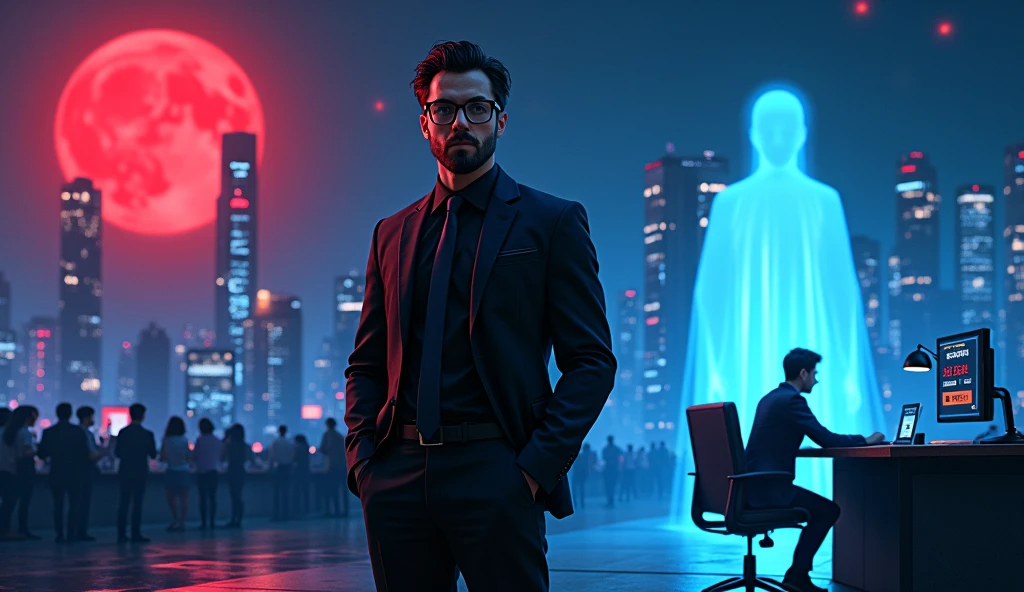 Promotional layout for an AI Animation Film. It features a central figure of a man with dark hair, glasses, and a beard, dressed in a black suit, standing confidently. The background is divided into three sections. The left section depicts a dystopian cityscape with a red moon and a crowd of people, suggesting chaos. The right section shows a man working at a desk with a ghostly figure looming behind him, indicating a supernatural or horror element. The top of the image has the text 'AI Animation FILM' in bold, neon blue font. Below the central figure, there is a small character holding a sign that reads 'estimated revenue $2499.80' in a digital font.