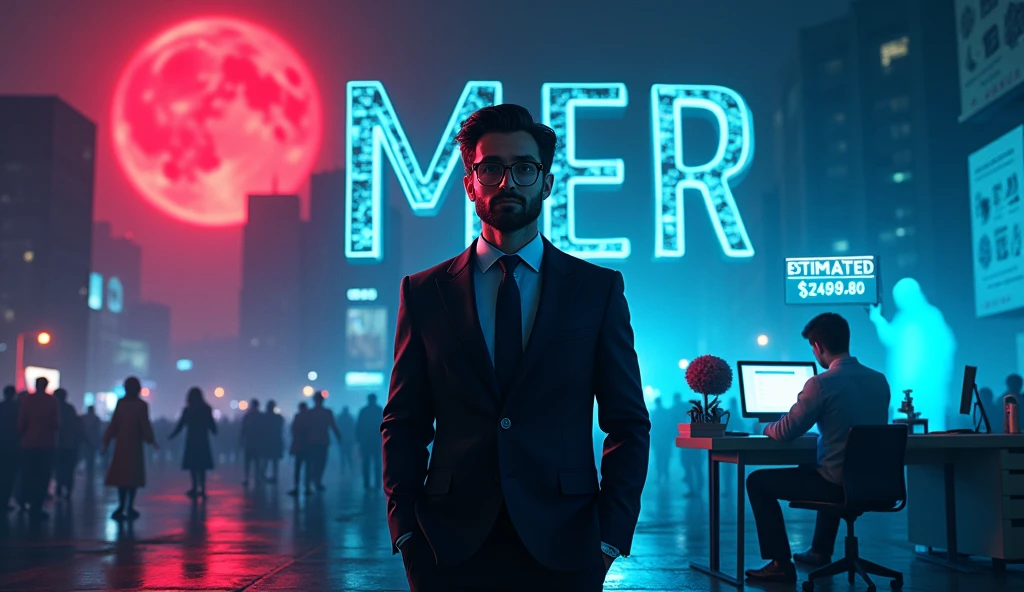 Promotional layout for an AI Animation Film. It features a central figure of a man with dark hair, glasses, and a beard, dressed in a black suit, standing confidently. The background is divided into three sections. The left section depicts a dystopian cityscape with a red moon and a crowd of people, suggesting chaos. The right section shows a man working at a desk with a ghostly figure looming behind him, indicating a supernatural or horror element. The top of the image has the text 'AI Animation FILM' in bold, neon blue font. Below the central figure, there is a small character holding a sign that reads 'estimated revenue $2499.80' in a digital font.