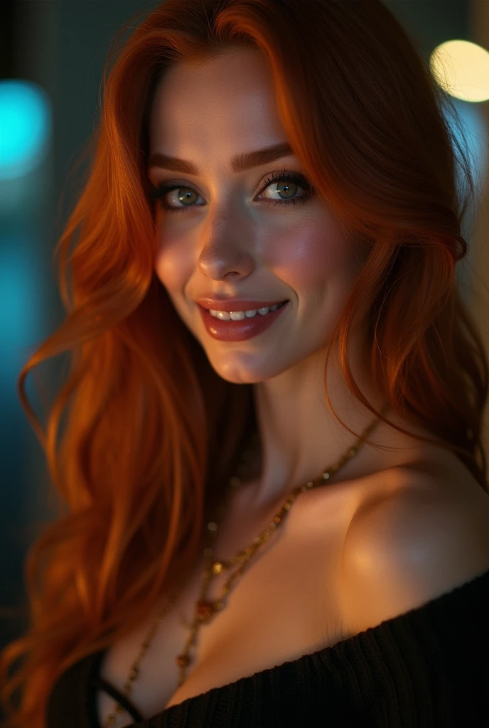 masterpiece:1.2, ultra-detailed, realistic, portrait, A beautiful porn actress model young woman with plump lips in her 30s, direct angle, slutty dress, piece of art, Best quality, (very detailed raw photo :1. 2), 8k arnald, Phil Haley style, model shooting, Midway, Supermodel, Model poses, loose hair, beautiful eyes, close-up photo, a high resolution, piece of art, (beautiful detailed eyes), (beautifully detailed face), Perfectly shaped body, (Ultra detailed), standing and looking directly into the camera, evening time, cozy style, sexy short dress, huge breasts, very hot woman, beautiful face, sexy gaze, smoky eyes, seductive gaze, high-resolution picture, Long hair, Colossal tits, Looking at Viewer, Bare shoulders, jewelry, a necklace, off shoulders, Sweaters, Realistic, playful look and playful smile, playful gaze, dark and foggy background, red-hair