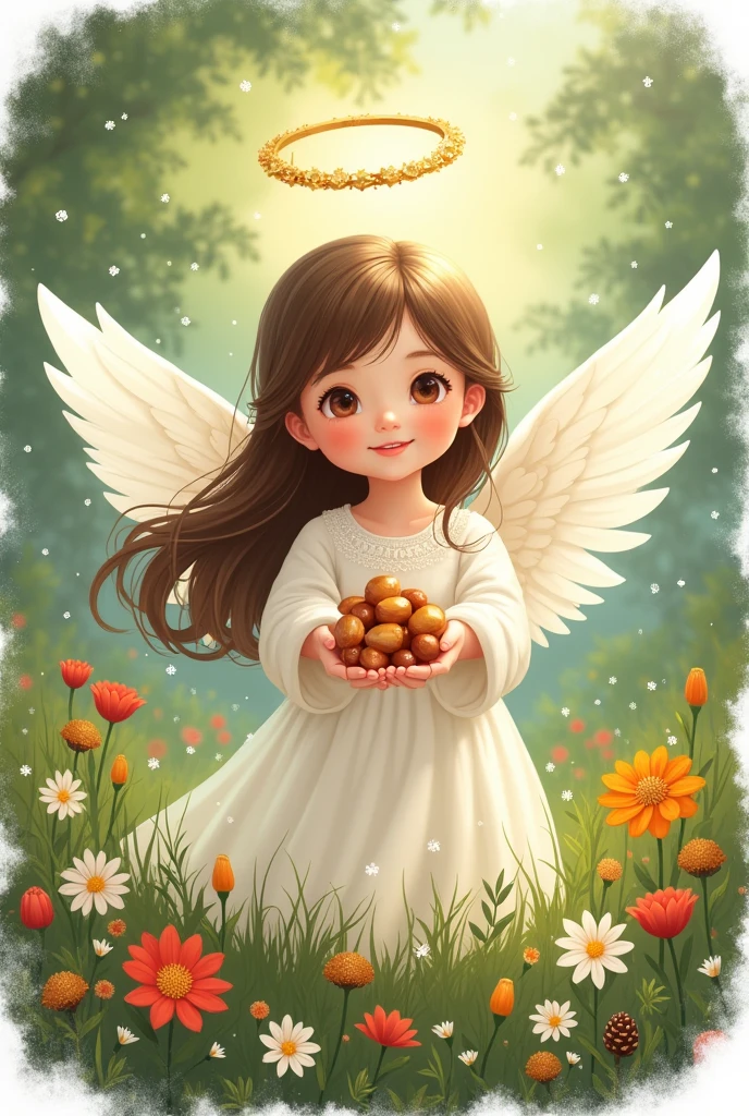 Drawn angel, girl - sticker, holds nuts, nimbus, long hair, grass, flowers , joy holiday. Words in beautiful font:, word "limit" in Cyrillic