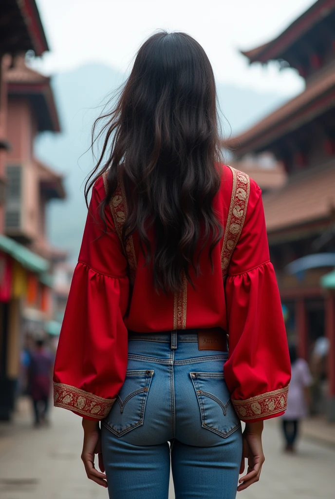 Back side of 20 years nepali girl putting red kurtha with blue jeans in kathmandu city real person photo height 5.5 weight 40 with realistic free hair previous photo beautiful face white skin realistic