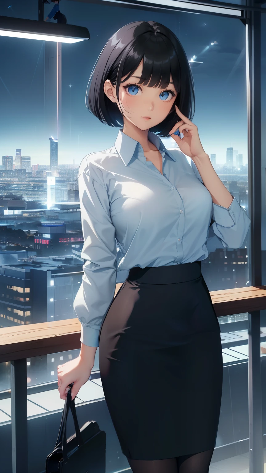 Highest quality, flying debris、Beautiful woman、office lady、Black Hair、(Dark blue eyes、Blunt bangs)、short hair、new employee,whole bodyショット、Female office lady、break(Light blue collarless shirt、black pencil long skirt:1.2)、(black tights、High heels)、break(Modern Office、Night view:1.3)、(((whole body)))、Big Breasts