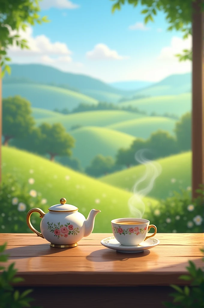 A very beautiful day in the countryside , a table with a teapot and a cup of coffee 