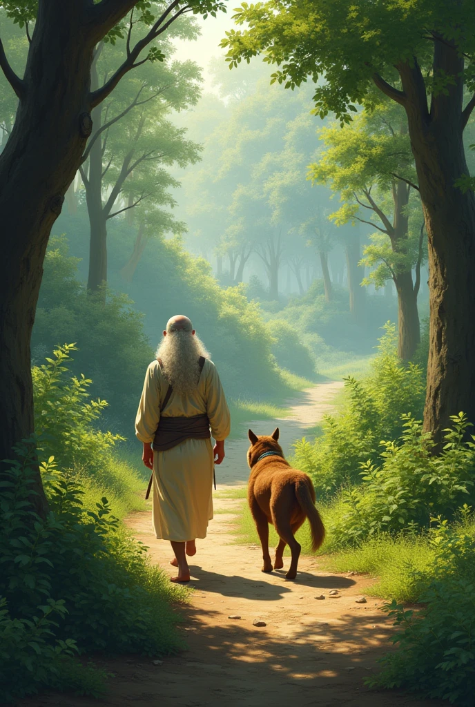 Return to the Forest Ashram**: The sage and Ashvak walking through the familiar forest paths, their ashram visible in the distance, a peaceful homecoming