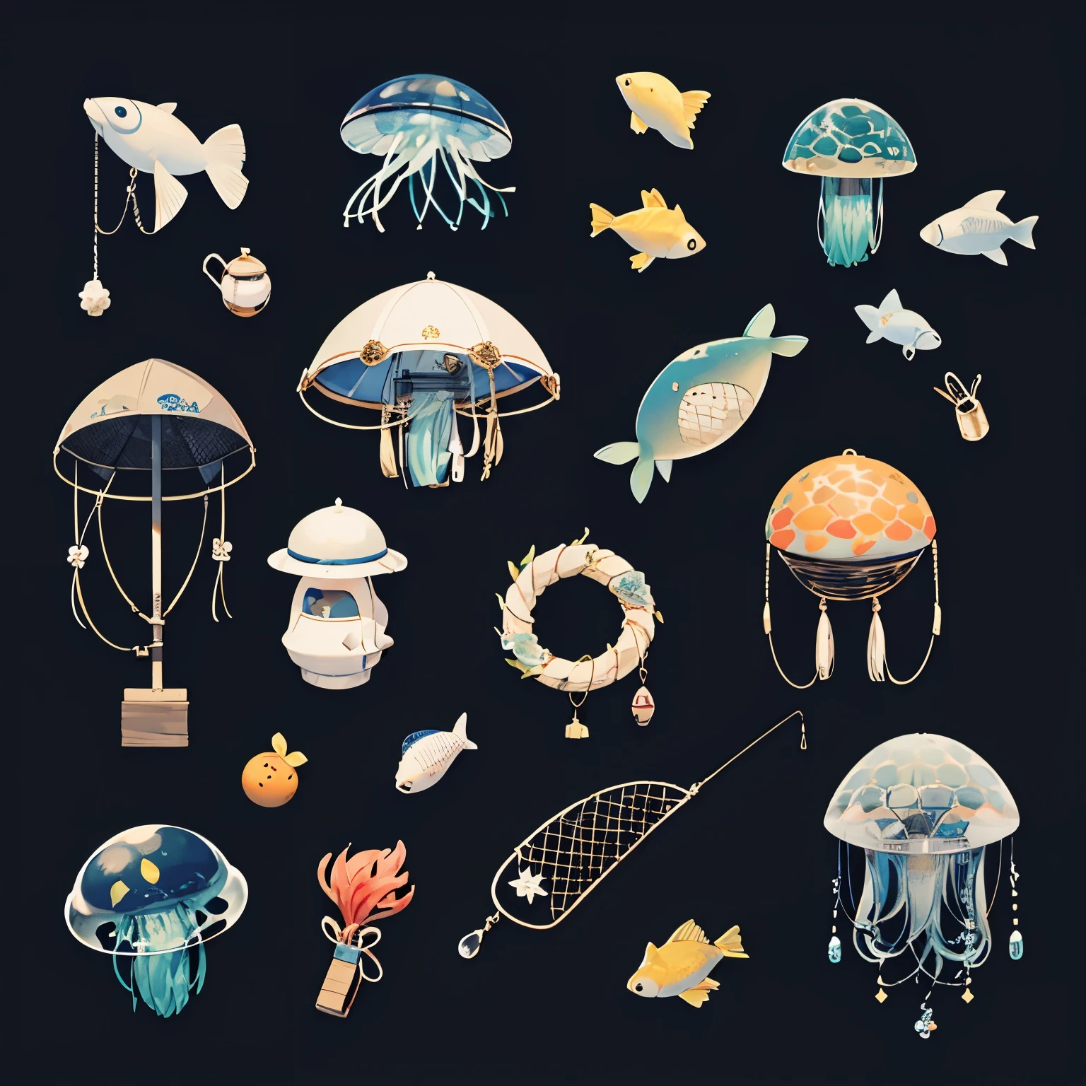 Various types of marine-style items(For example, anchoshhook,Fishing Net,conch,Jellyfish,buoy),Full view,Clear background