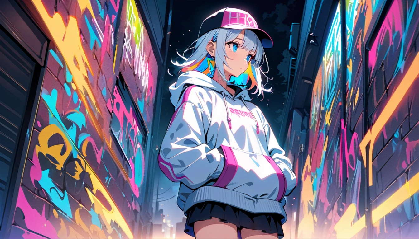 HD 8K Handsome cute, Solitary, 1 female, Medium Length Hair, white hair, Rainbow hair, blue Eyes, Rainbow headphone, Futuristic, panoramic, in the night, looking away, white hoodie, Trucker Hat, hip-hop style hooded jacket, Human focus, outdoor, White clouds, graffiti Popularity spray art wall Neon panoramic,