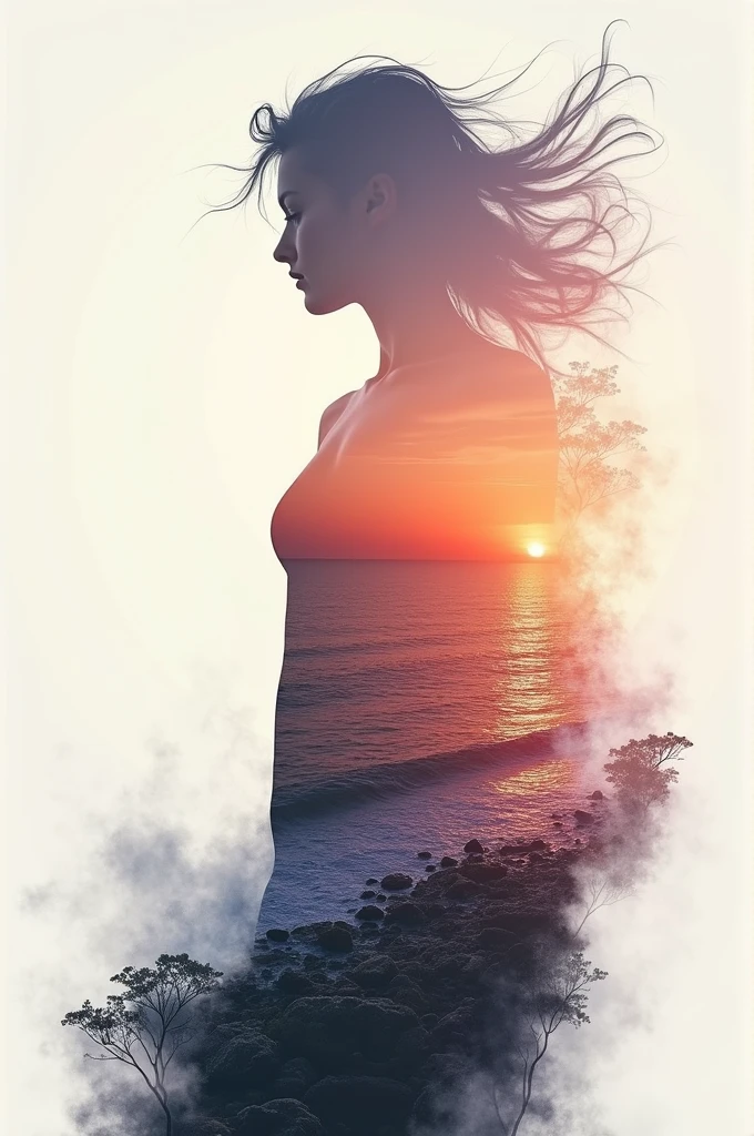 high quality, 8K Ultra HD, A beautiful double exposure that combines an goddess silhouette with sunset coast, sunset coast should serve as the underlying backdrop, with its details incorporated into the goddess , crisp lines, The background is monochrome, sharp focus, double exposure, by yukisakura, awesome full color,