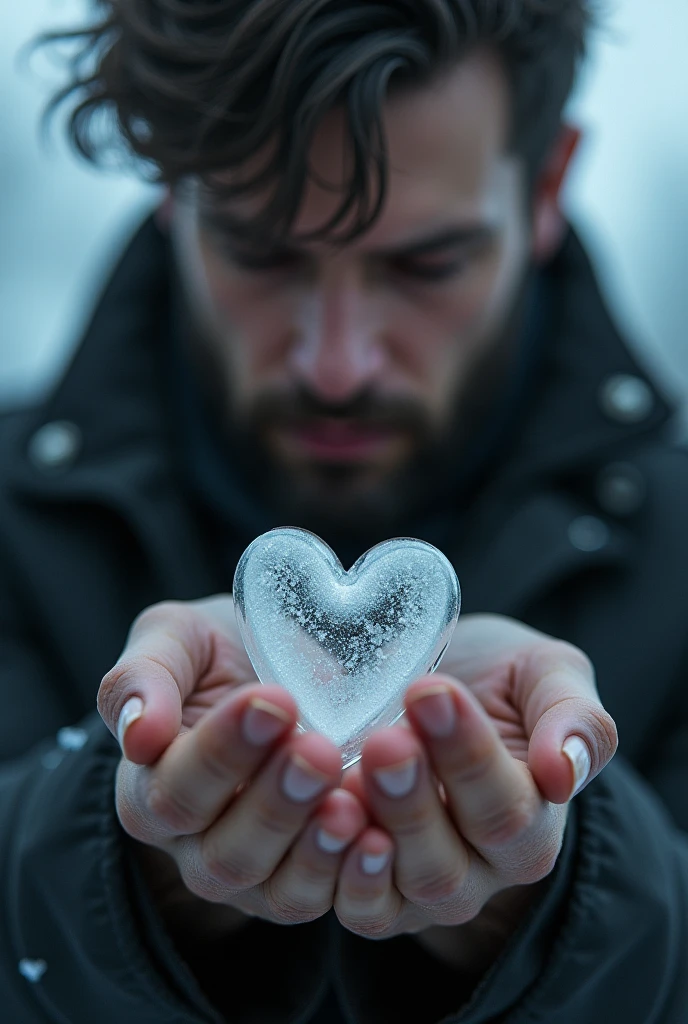 Small cold heart in hands of a man