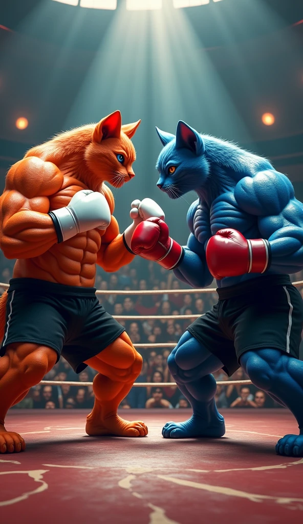 A realistic image of a muscular, anthropomorphic red cat and a muscular, anthropomorphic blue cat facing off inside a boxing ring. Both characters are wearing black shorts and boxing gloves; the red cat has white gloves, while the blue cat wears red gloves. The background features an excited crowd with various expressions of anticipation and surprise. The scene captures a dramatic moment in an animated sports-themed setting.