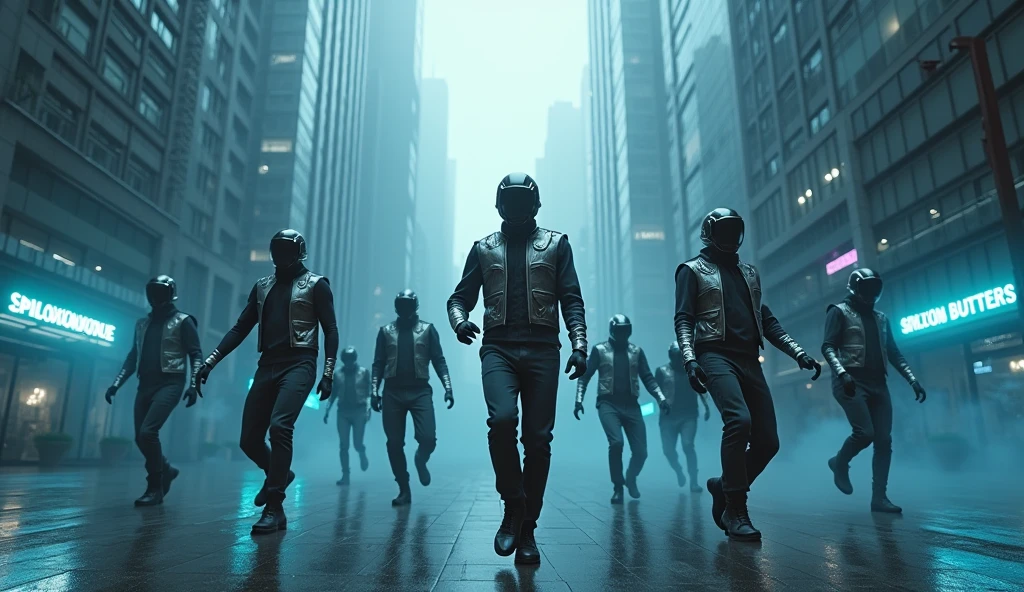 dutch angle, random angle, far shot, top down short, group of dancing man are dancing on the street of cyberpunk Saigon city, wearing a silver tech vest, cyber helmet mask. Gray city, deserted streets, skyscrapers with sparkling blue LED lights. Lighting: Gray tones with dim neon lights. Effects: Smoke and blue light running along the buildings. Special: Stifling and quiet atmosphere, city not activated.