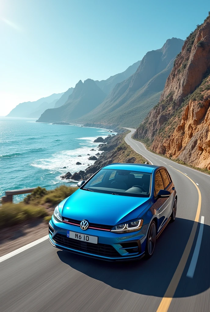 Sea Blue Volkswagen golf driving next to the sea