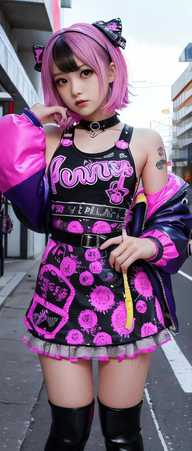 Cute punk idol girl、whole body、Good style、、、、、、、、、、Thick legs、、、Fluorescent pink and purple nightmare dress（punk jacket）、Cool girl face、、、、Glowing Cable Tentacle、Garbage dump