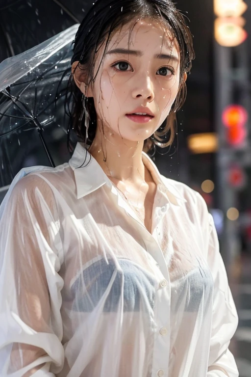 Best image quality, masterpiece, Ultra-high resolution, (Loyalty :1.4), Pretty Japanese woman, 1 person, Detailed face, Detailed eyes, Correct human anatomy, ,tears, tearsdrop, (White shirt), (Wet clothes stick to the body:1.4), Exposing shoulders, Wet Hair, Heavy Rain, Shibuya Crossing