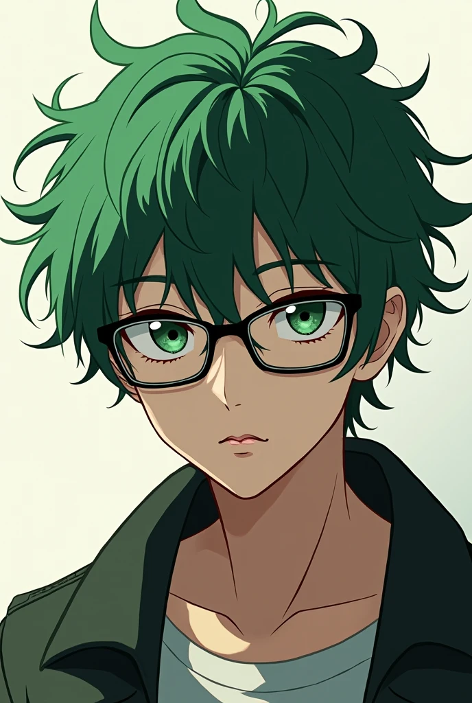 Green hair, mashed hair, young man, black-rimmed glasses, anime