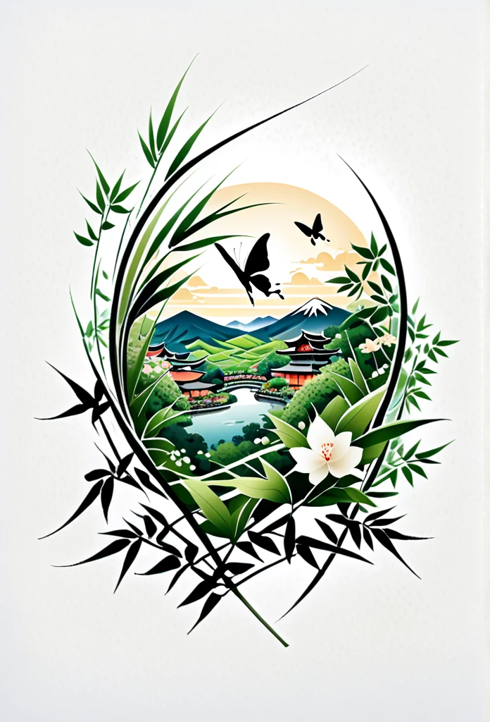 Japan's luxury champagne EXE champagne label logo

 A logo with Japanese-style, high-class flower fields, bamboo leaves, bamboo bushes, and a very beautiful and fantastic traditional Japanese townscape that looks like a butterfly flying between and between
 butterflies are hidden by bamboo bushes and bamboo leaves

 angle of view from an oblique angle
 Tasteful, Japanese-style design
 Cool Japanese taste such as shrines
 chic and modern design
 monotone


 The background is white