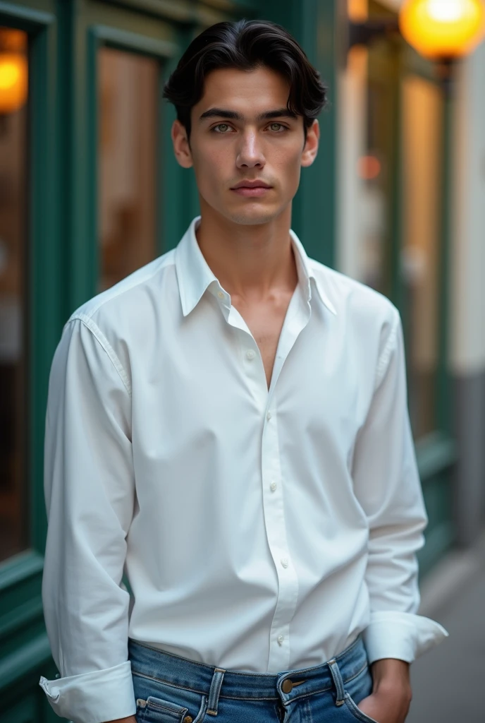 RAW photo of an elegant man, 20 years old, European, light green eyes, black hair blurred background, full body plane, blue jeans, white shirt, looking at camera, cinematic, small details, photorealistic, ultrarealistic photo, 8k uhd, dslr, soft lighting, high quality, film grain, Fujifilm XT3, (masterpiece),