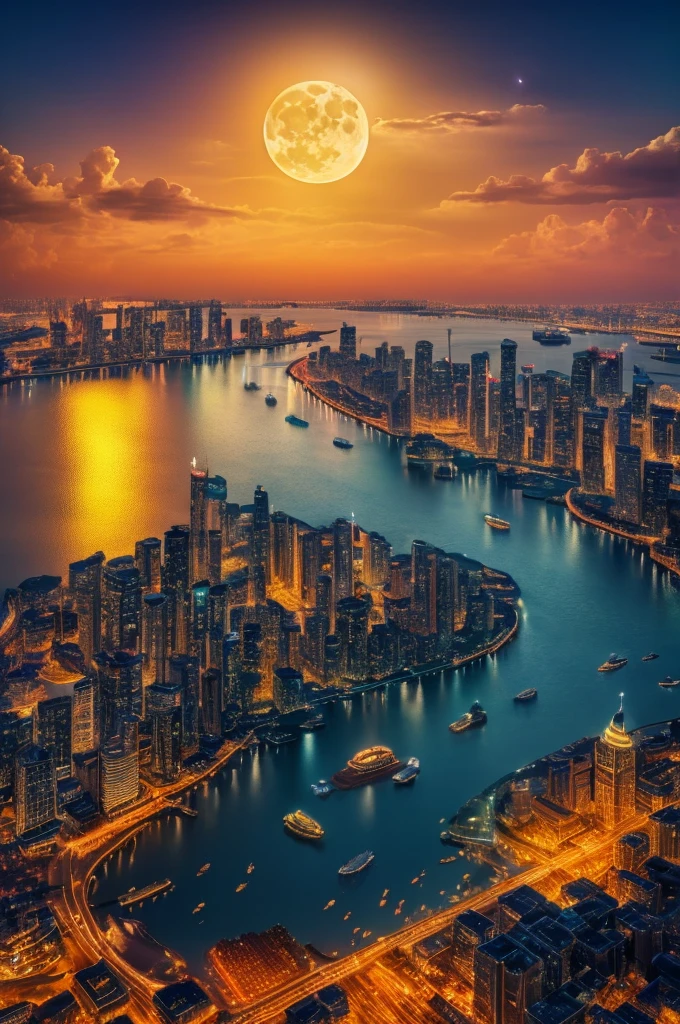 On the Mid-Autumn Festival, there is a huge moon on the sea. Below is a magnificent city. Surreal complex cg rendering, Mid-Autumn Festival, warm colors, bright light, surreal composite cg rendering, cg3d effect, super wide-angle lens, shocking reality 8k details, 8k HD, 750 style