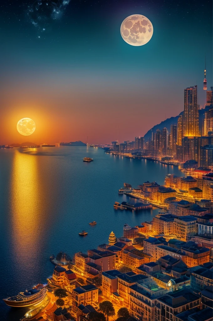 On the Mid-Autumn Festival, there is a huge moon on the sea. Below is a magnificent city. Surreal complex cg rendering, Mid-Autumn Festival, warm colors, bright light, surreal composite cg rendering, cg3d effect, super wide-angle lens, shocking reality 8k details, 8k HD, 750 style