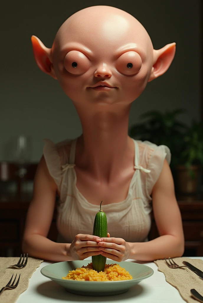 strange sausage with a round bald head, resembling male genitalia, standing on the dining table behind a beautiful woman (Thai Canada), wearing a transparent apron, holding a strange cucumber