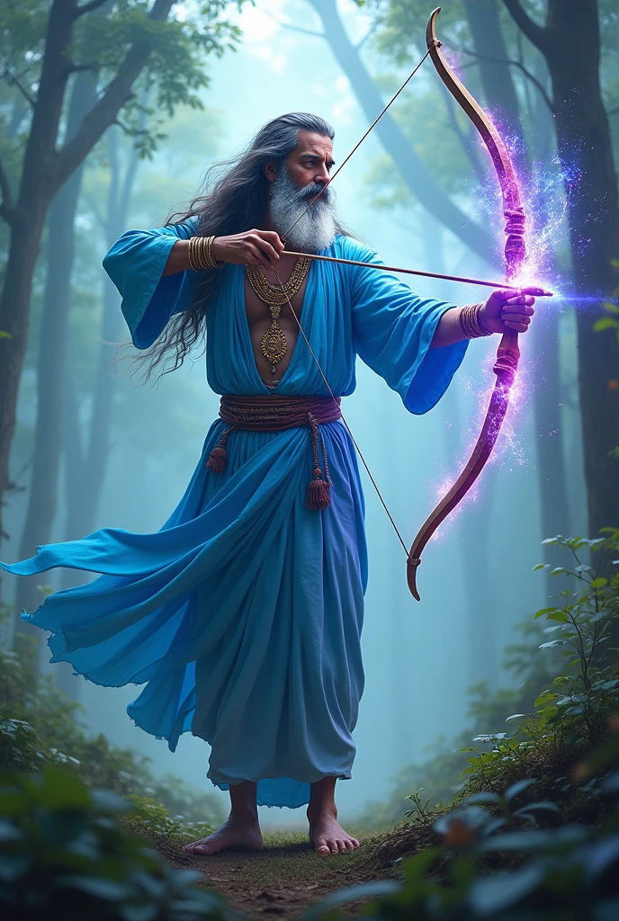 A man with long hair and beard wearing traditional indian clothes in light blue color is lifting a celestial bow, the bow is emitting blue and pink lighting around it, it's a wide image, vivid colors, forest background, day time, cloudy wheather.