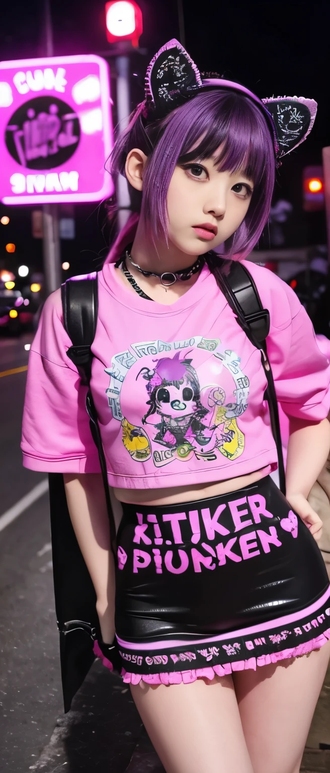 Cute punk idol girl、whole body、Good style、、、、、、、、、、Thick legs、、、Fluorescent pink and purple nightmare dress(punk jacket)、Cool girl face、、、、Glowing Cable Tentacle、Garbage dump
