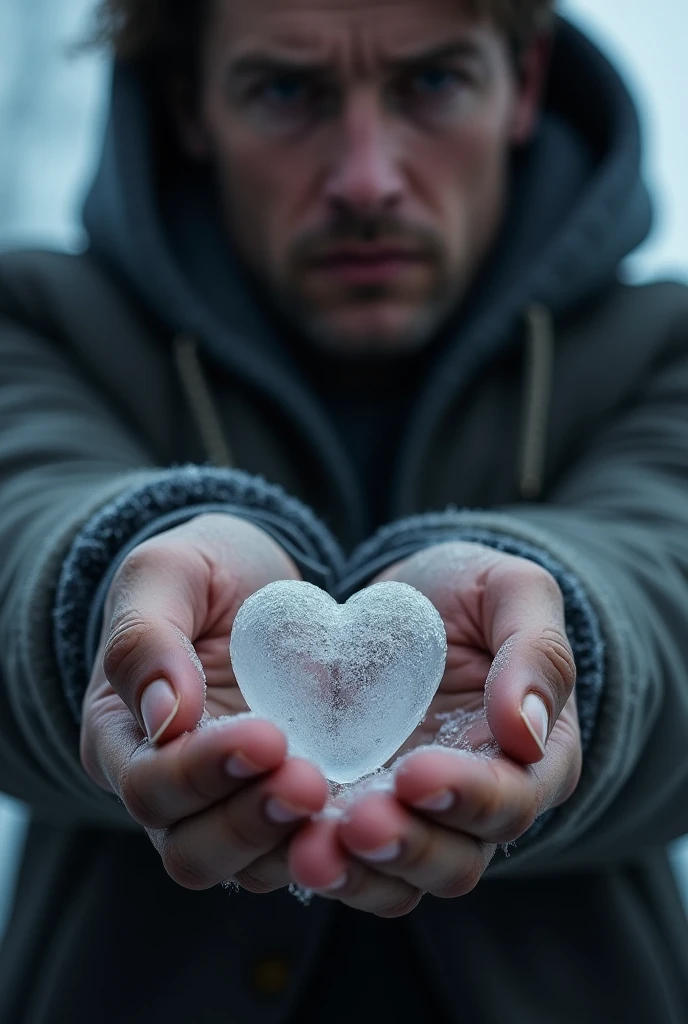 Small cold heart in hands of a man