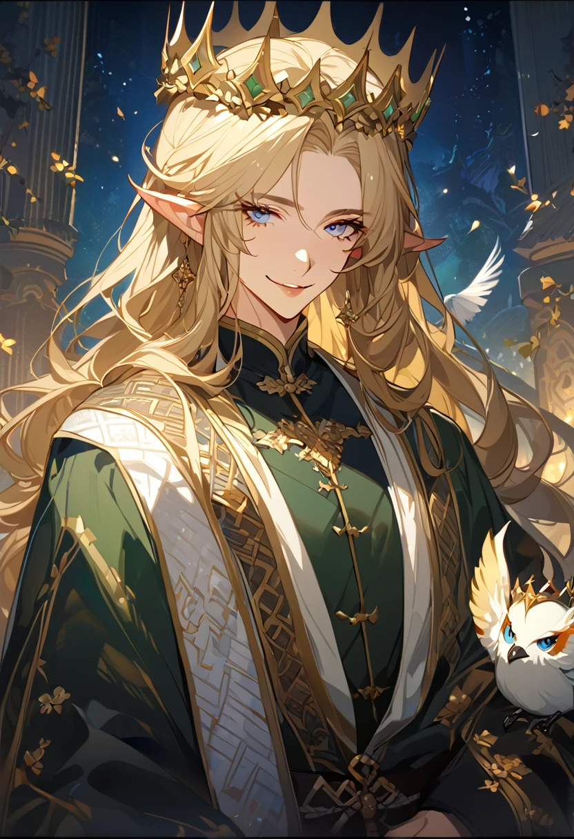 masterpiece, best quality, 8k ,4k , 1male, elf King, Golden Blond, Blue greenish eyes, gold wreath crown, hair ornament, long hair, finely detailed eyes and detailed face, looking at viewer, black sleeveless, half robe, patterned clothes, gold embroidery clothes, meticulous clothes, mature clothe, majestic looks, smiling gently, small bird, full body, inspired by Asukaziye artist : ask, art style : ask